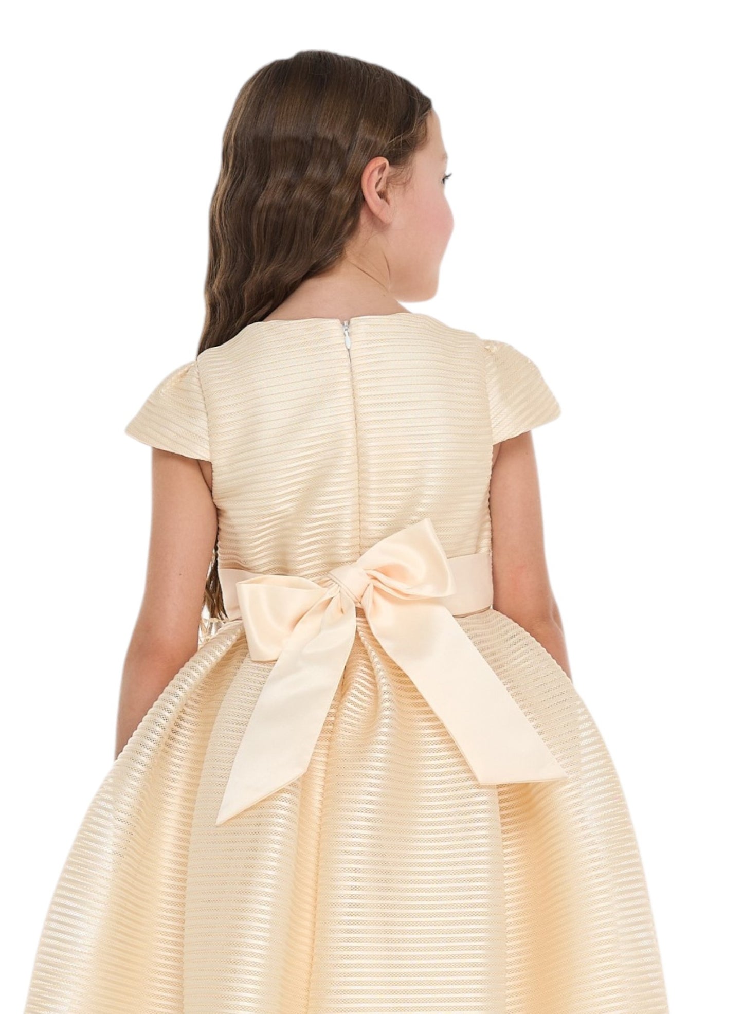 Girls Champange High Low Tail Dress With 3D Applique