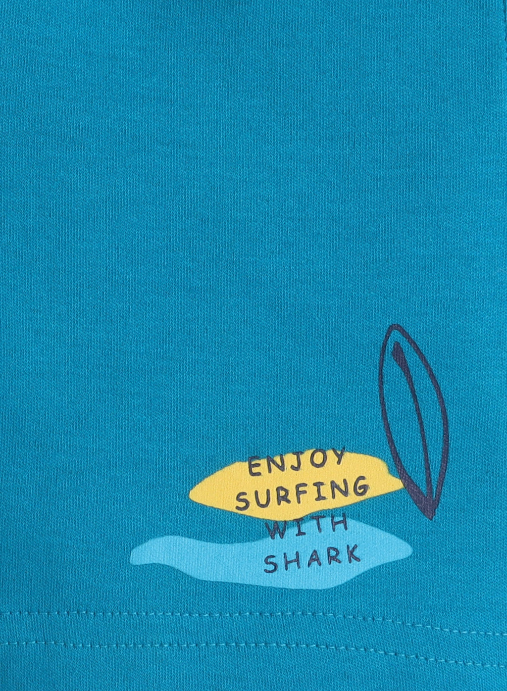 Victor And Jane Boys' Shark Surfing Off White And Blue T-Shirt And Shorts Set