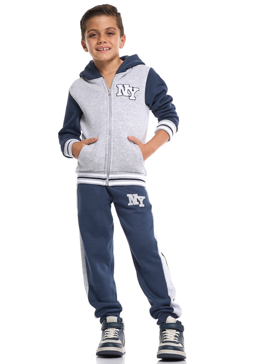 Boys’ Trendy NY Logo Tracksuit – Grey Zip up Hoodie & Navy Joggers Set