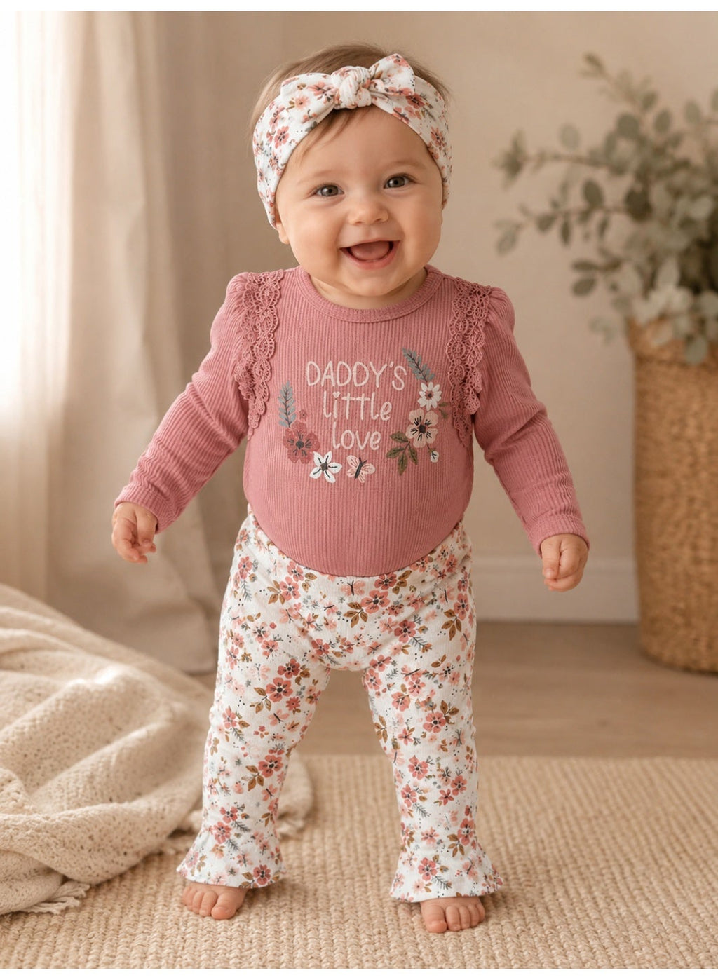 Baby Girls Long Sleeve Bodysuit and Floral Pants Set with Headband (3-Piece)