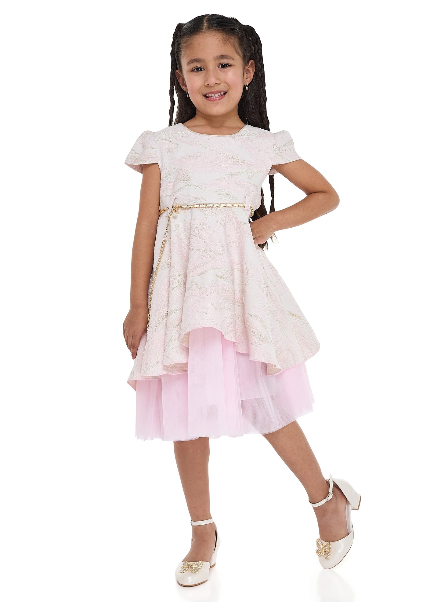 Girls Chic Pink/Gold Jacquard & Tulle Party Dress
