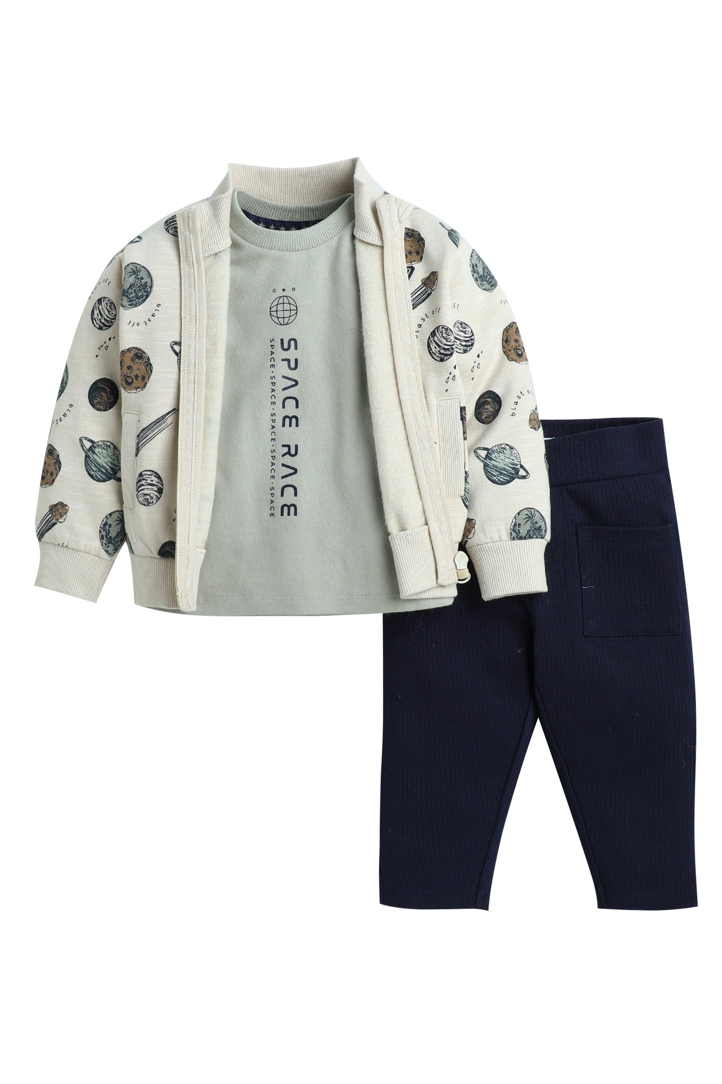Infant Boys Space Race 3-Piece Fleece Set – Cream & Navy