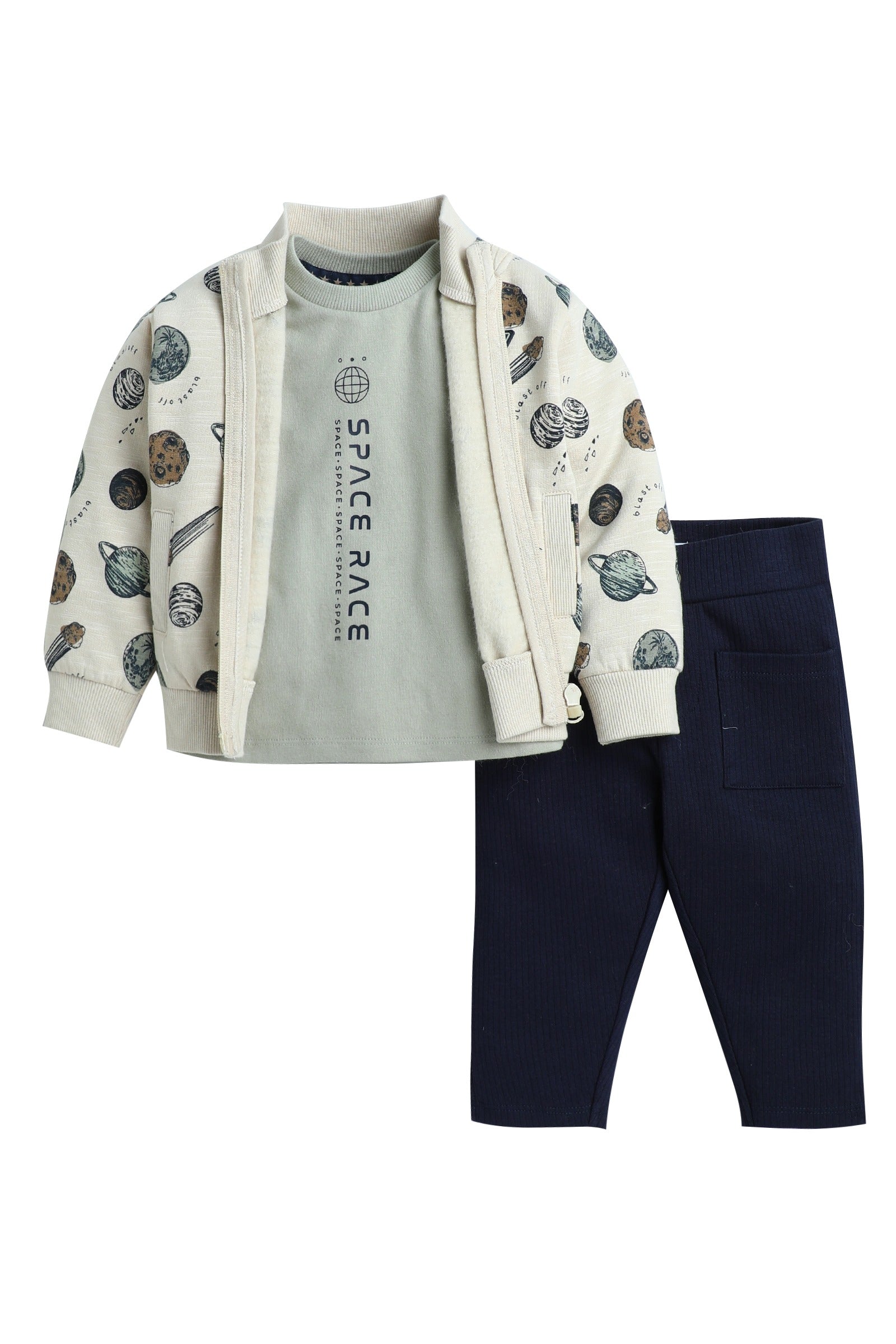 Dirkje Space Race Printed T-Shirt With Pant And Jacket Set - White/Navy