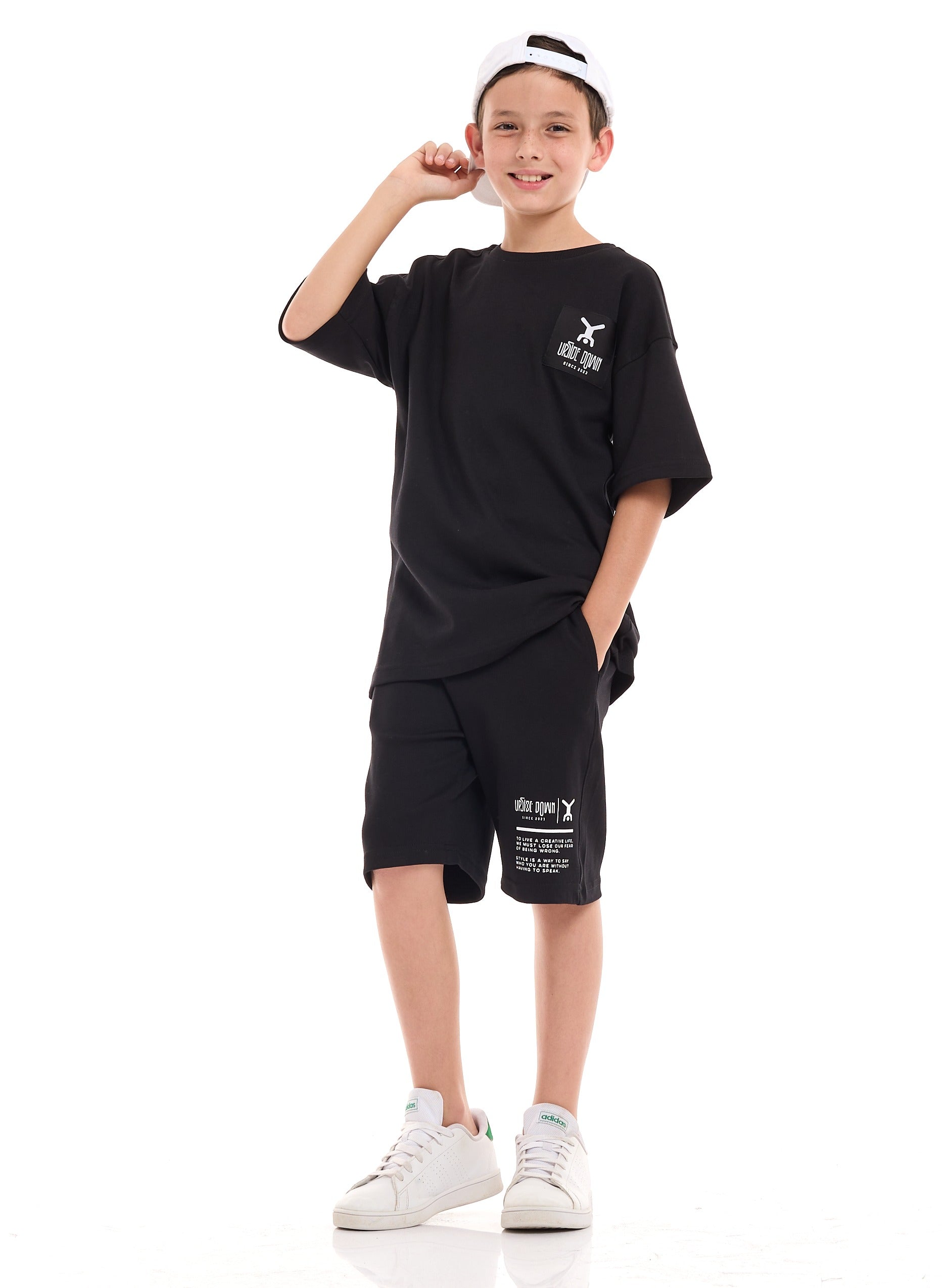 Victor and Jane Cotton Bear Embroidered & Patch Detailed Polo T-Shirt & Shorts Set - Grey & Navy Blue