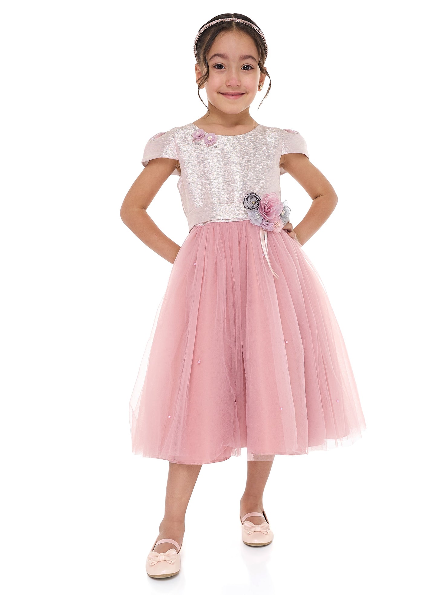 Girls Old Rose Jacquard & Tulle Dress With Flower Decoration