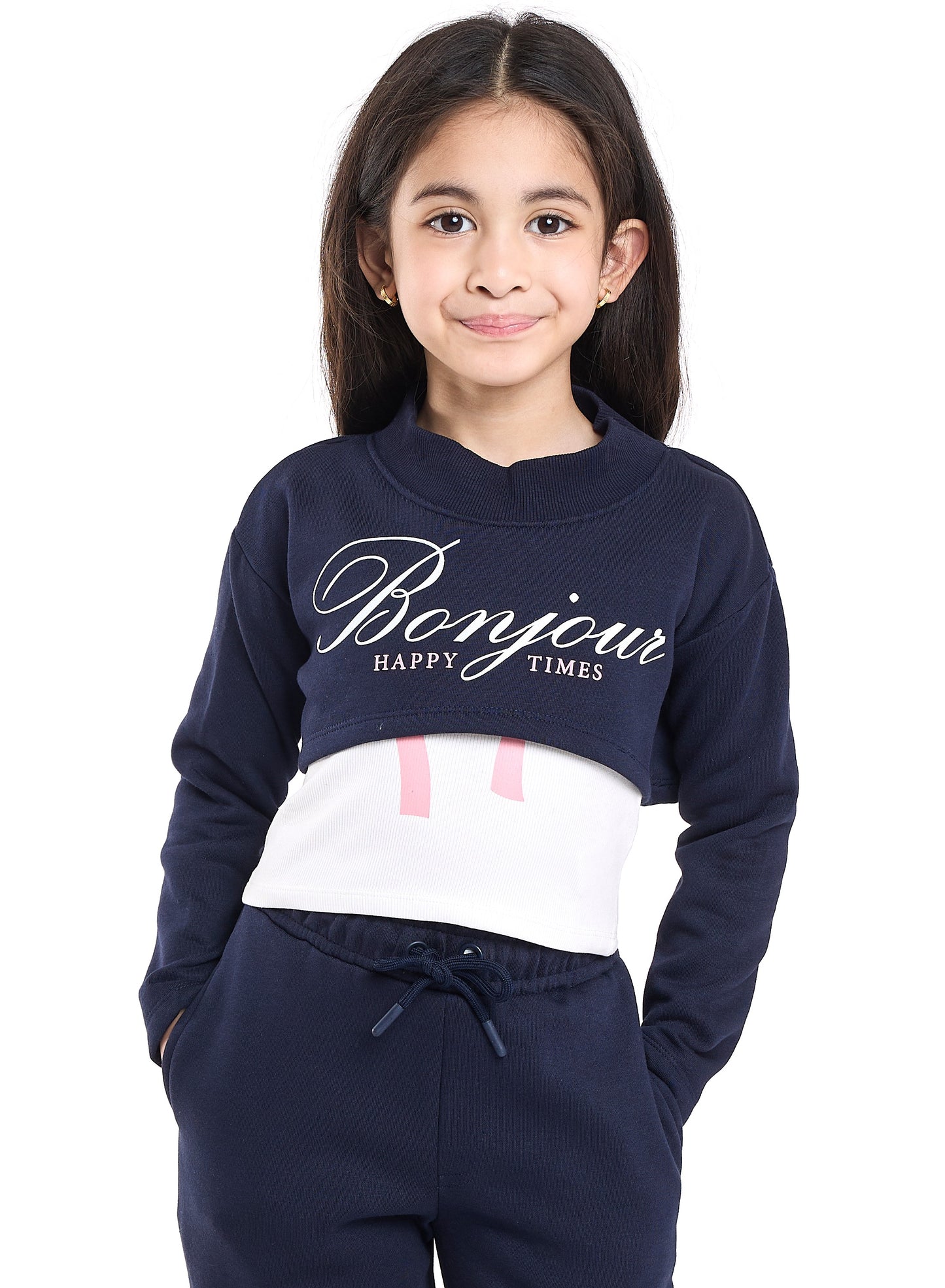 Junior Girls Bonjour 3-Piece Fleece Set – Navy & White