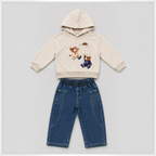 victor and jane boys 2-piece set with beige cotton-blend hoodie featuring bear basketball graphic and denim pants
