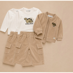 victor and jane 3-piece boys set with beige corduroy zip jacket, cargo pants, and dinosaur print long-sleeve top