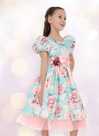 Victor And Jane Floral Satin Dress With Mesh Edge