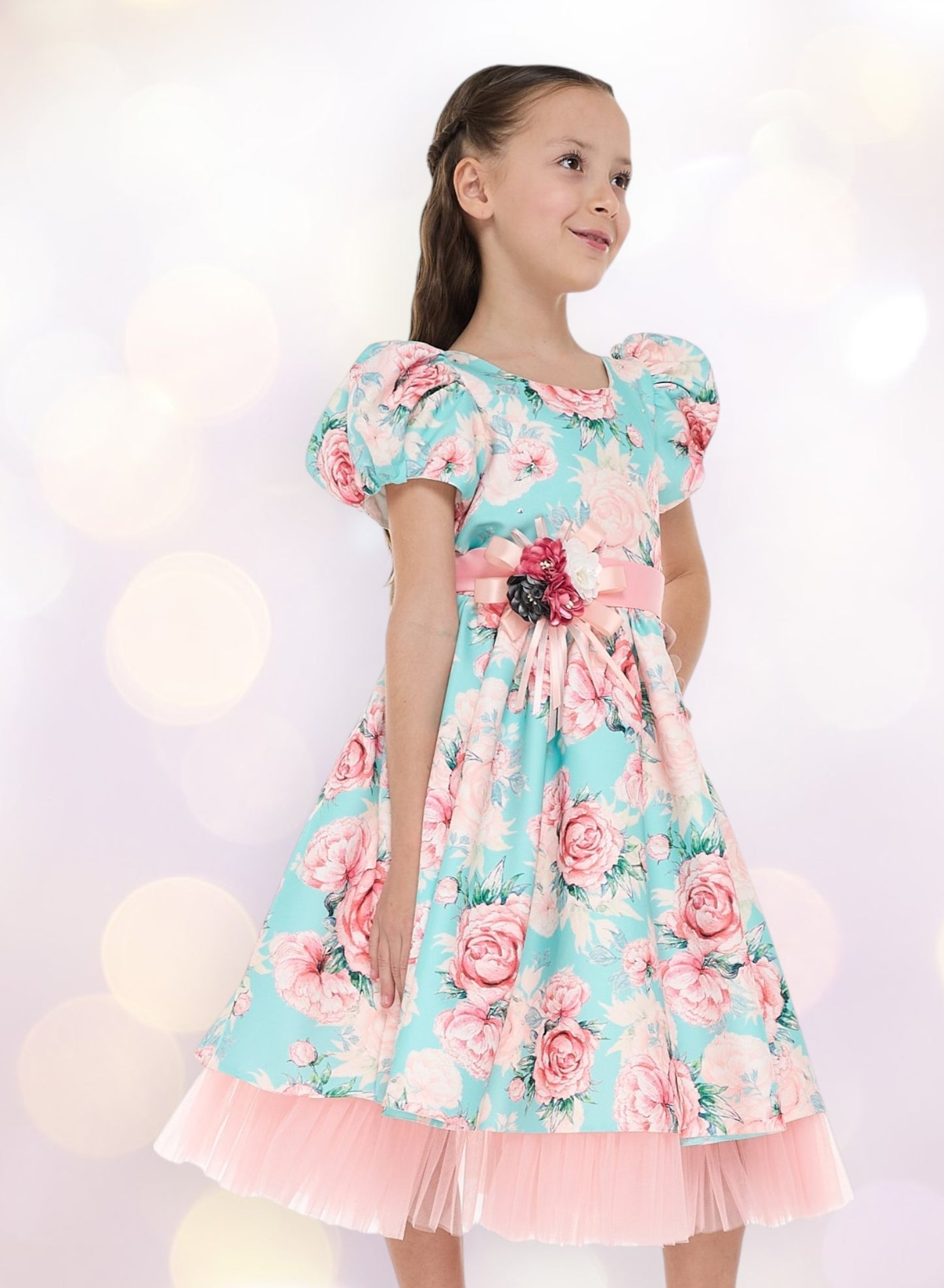 Victor And Jane Floral Satin Dress With Mesh Edge