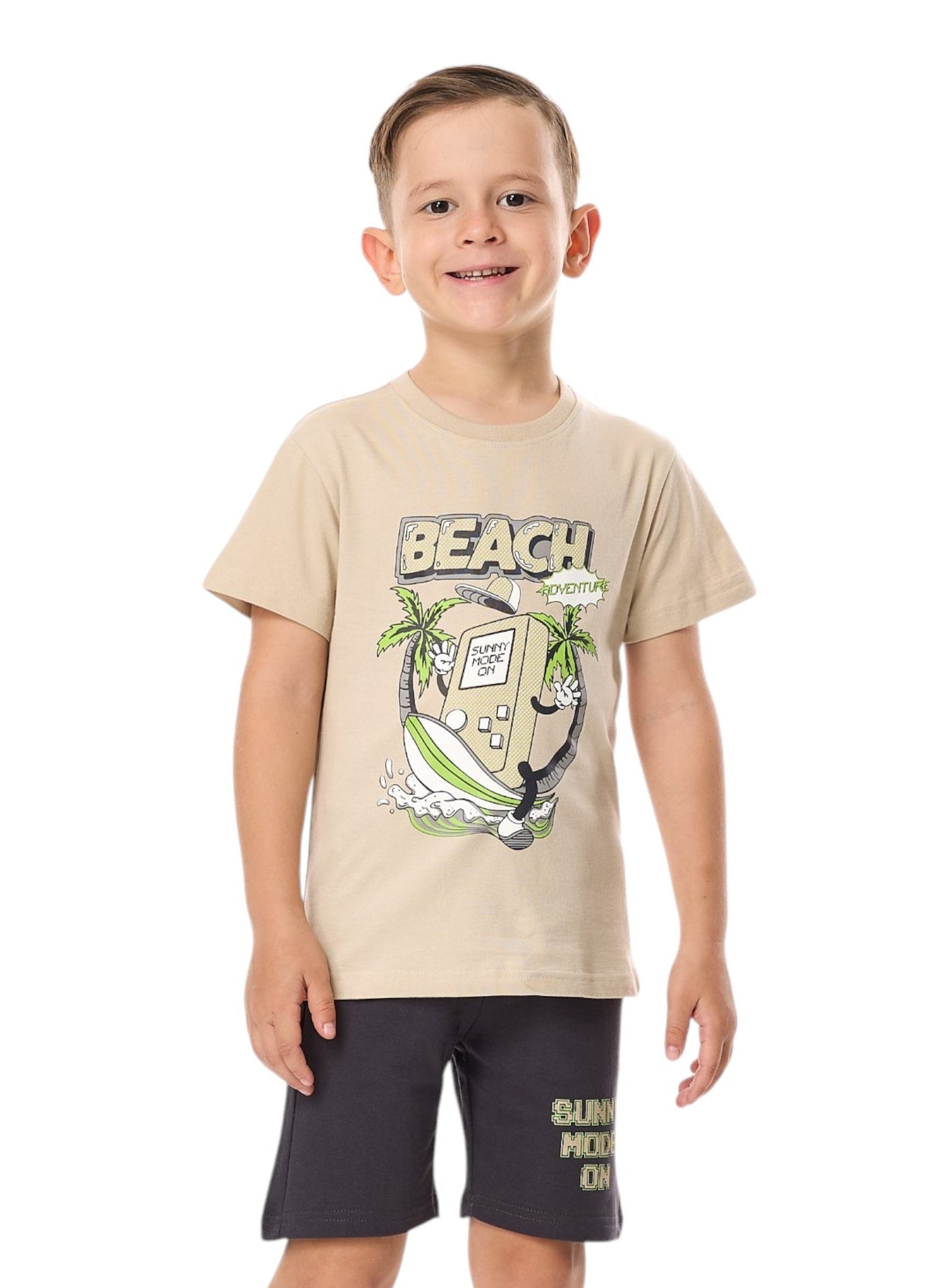 Victor And Jane Boys' 2Pc Set “ Beach Days - Beige And Dark Grey