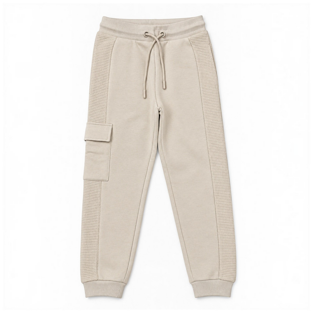 victor and jane boys beige fleece jogger pants with side cargo pocket and textured panel detail