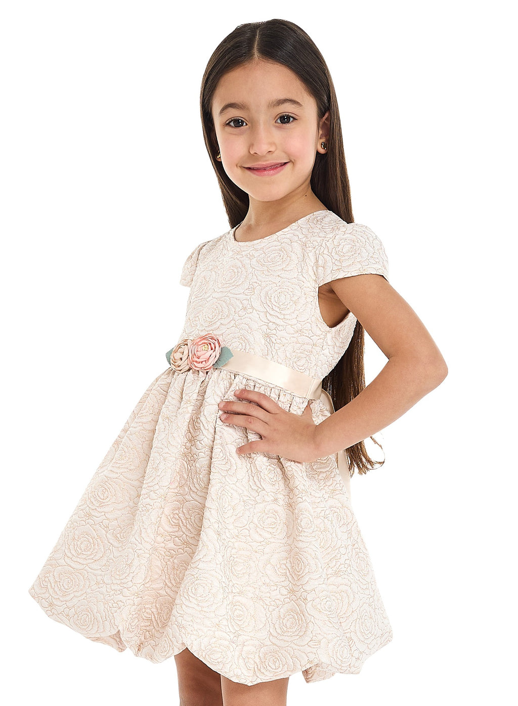 Girls Elegant Gold Jacquard Party Dress