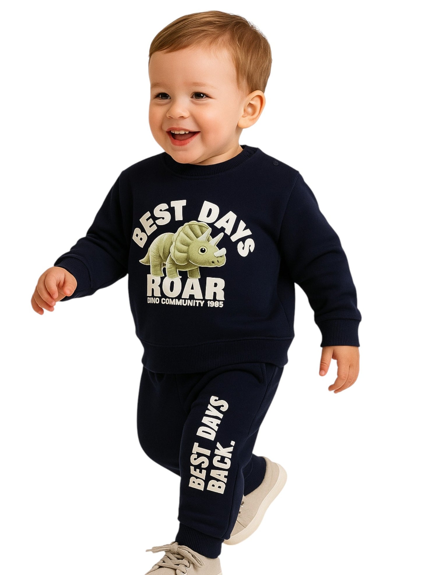 Infant Boys “Best Days Roar” Fleece Tracksuit – Navy 2-Piece Set