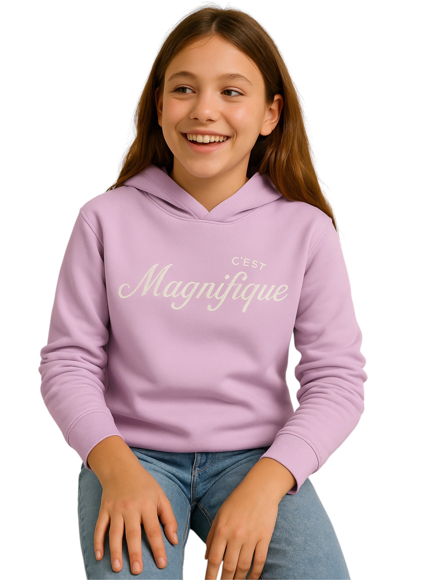 “C'est Magnifique” Graphic Hoodie for Girls – Blush Pink | 100% Cotton Fleece |