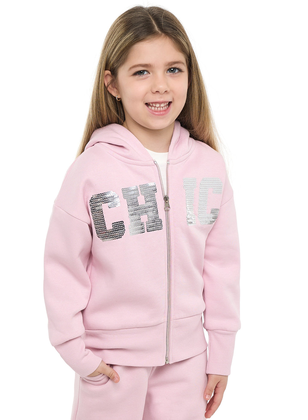 Girls Chic Sequin Fleece Tracksuit “ Pink 2-Piece Set