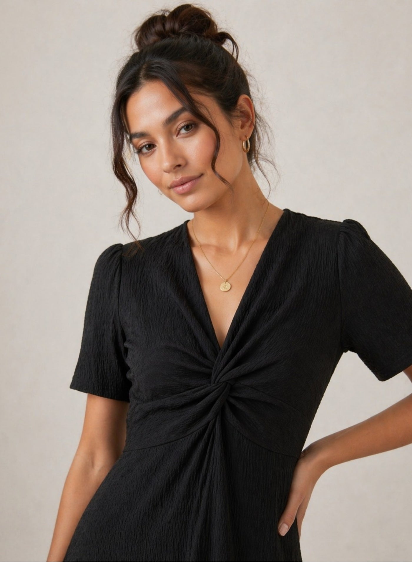 Black Textured Twist Front Maxi Dress For Women