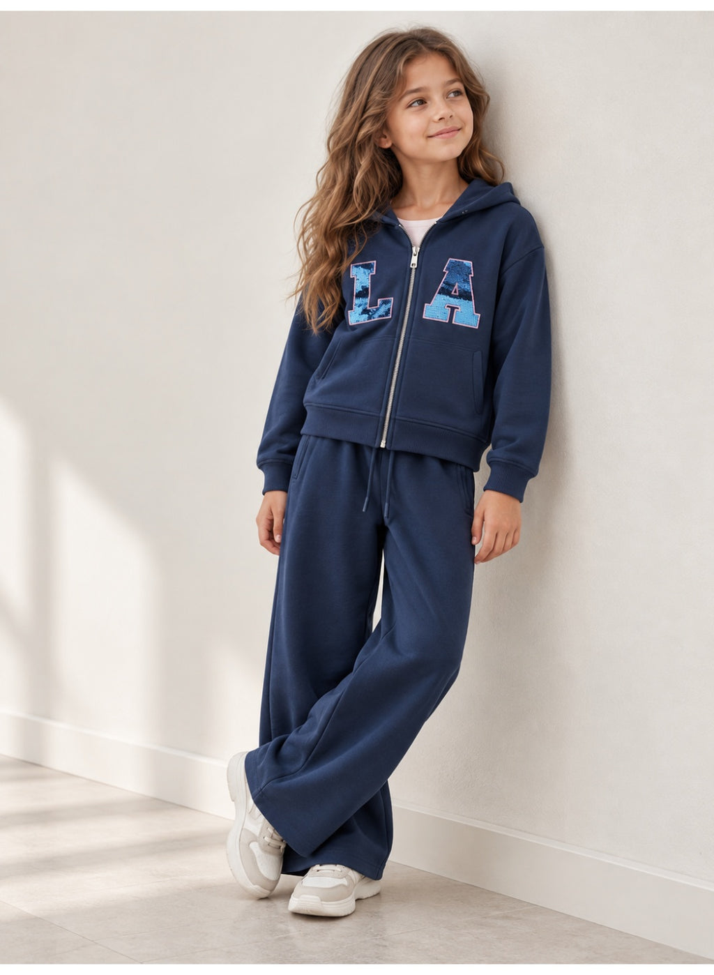 Girls LA Front Zip Sweatshirt Hoodie and Wide Leg Pants Set