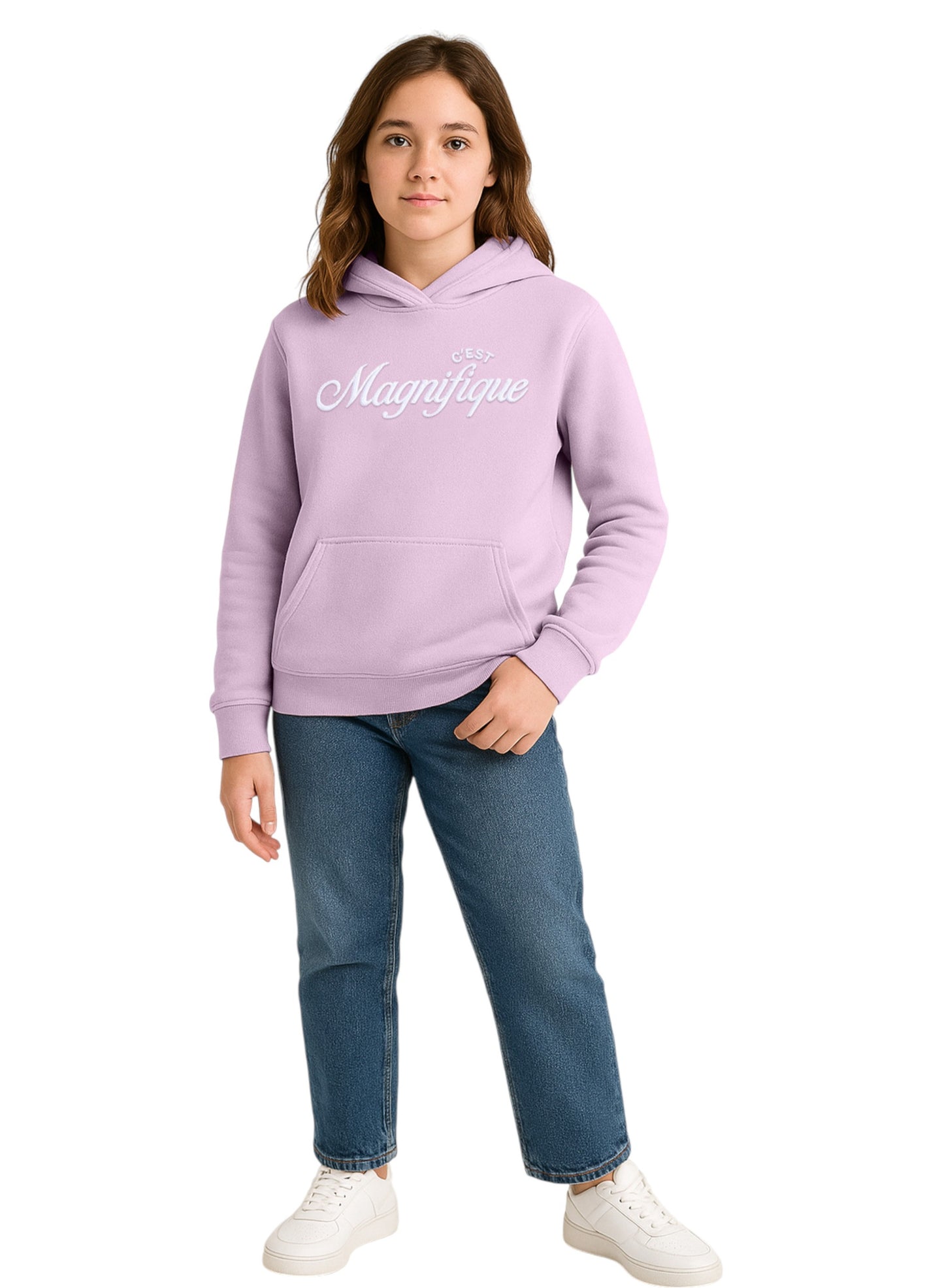 “C'est Magnifique” Graphic Hoodie for Girls – Blush Pink | 100% Cotton Fleece |