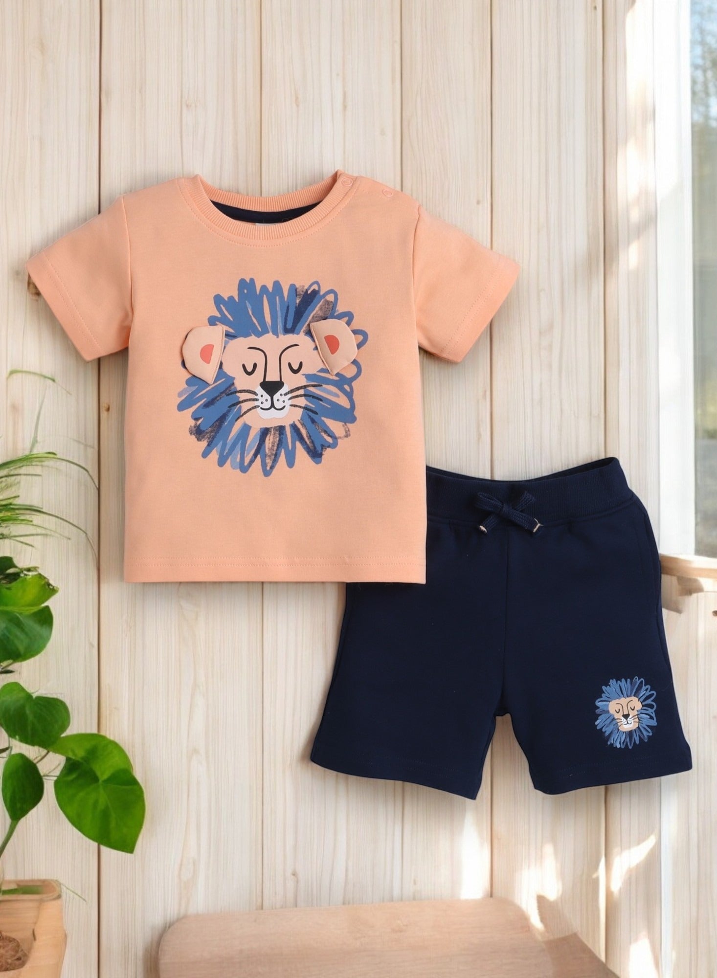 Victor And Jane Infant 2Pc Set, Orange T-Shirt With Cute Tiger And Blue Shorts
