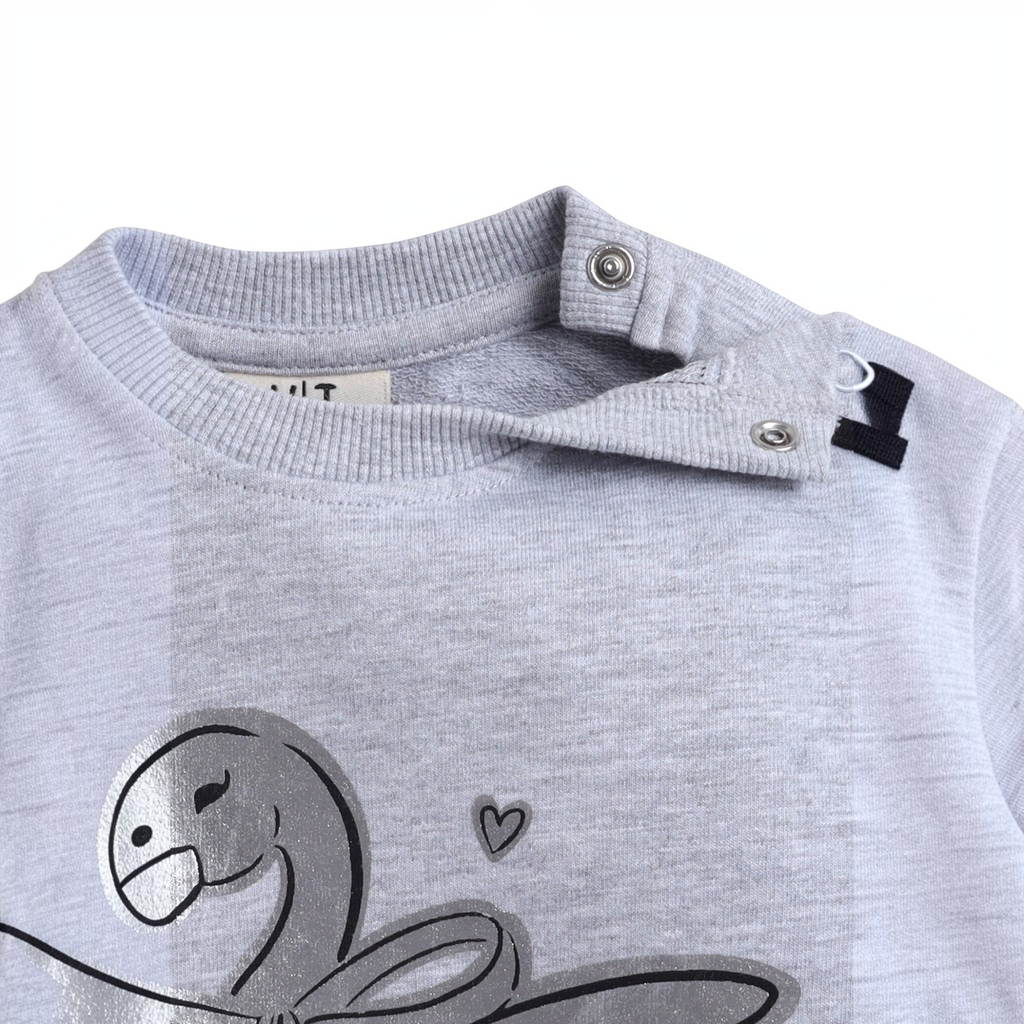 victor and jane grey sweatshirt with silver swan embroidery and shoulder snap buttons for easy dressing