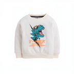 victor and jane boys cream sweatshirt featuring a blue T-Rex dinosaur graphic with sunglasses and orange text