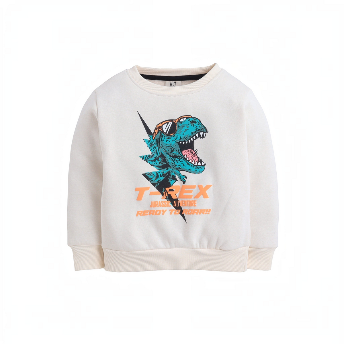 victor and jane boys cream sweatshirt featuring a blue T-Rex dinosaur graphic with sunglasses and orange text