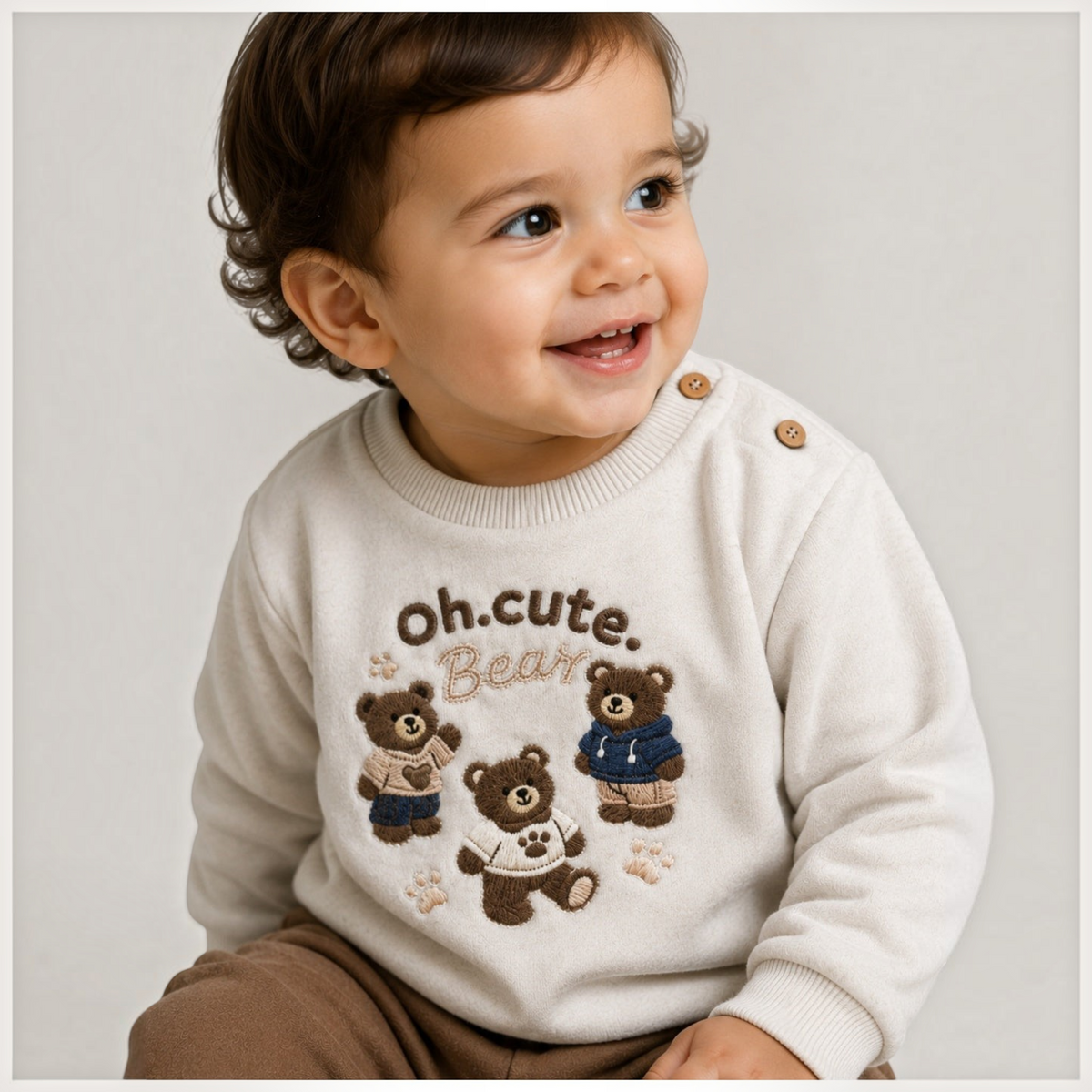 victor and jane boys cream sweatshirt with embroidered bear design and shoulder button detail on a smiling toddler