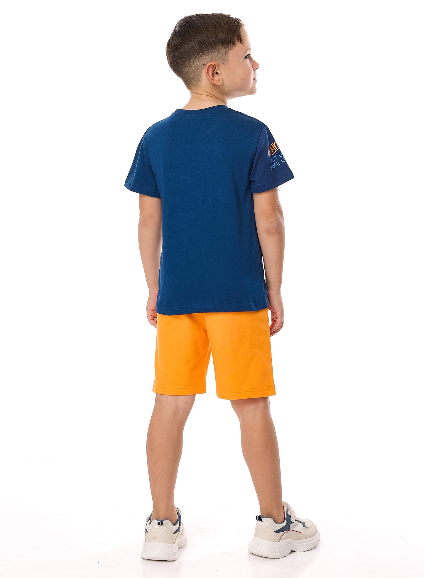 Victor and Jane Cotton Round Neck T-Shirt & Shorts Set with label deatail - Blue And Orange