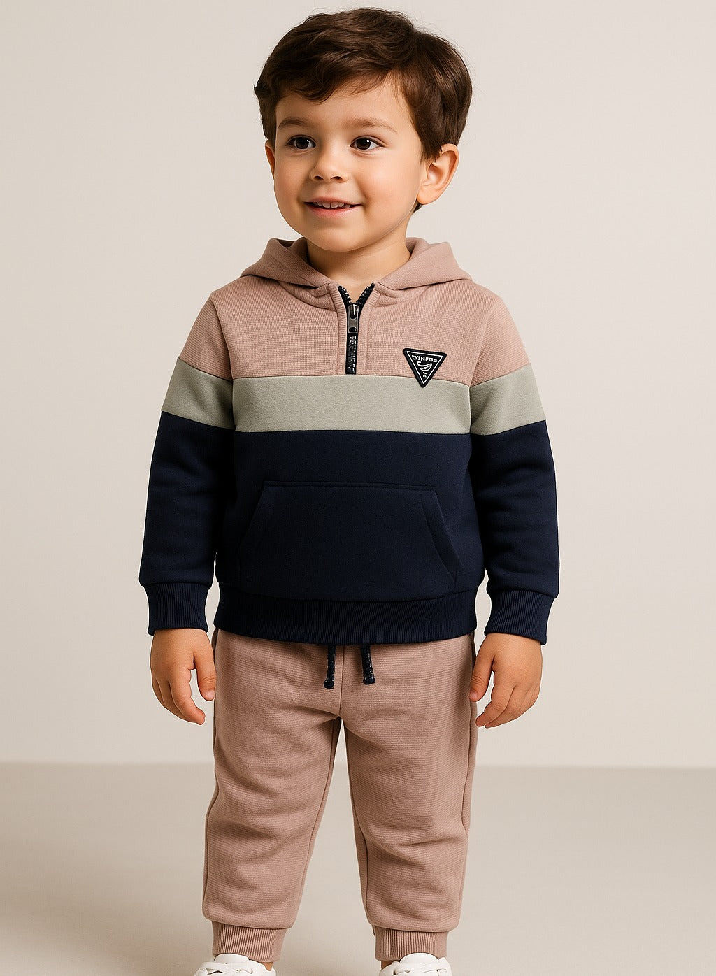 Boys Colorblock Fleece Tracksuit – Beige & Navy 2-Piece Set