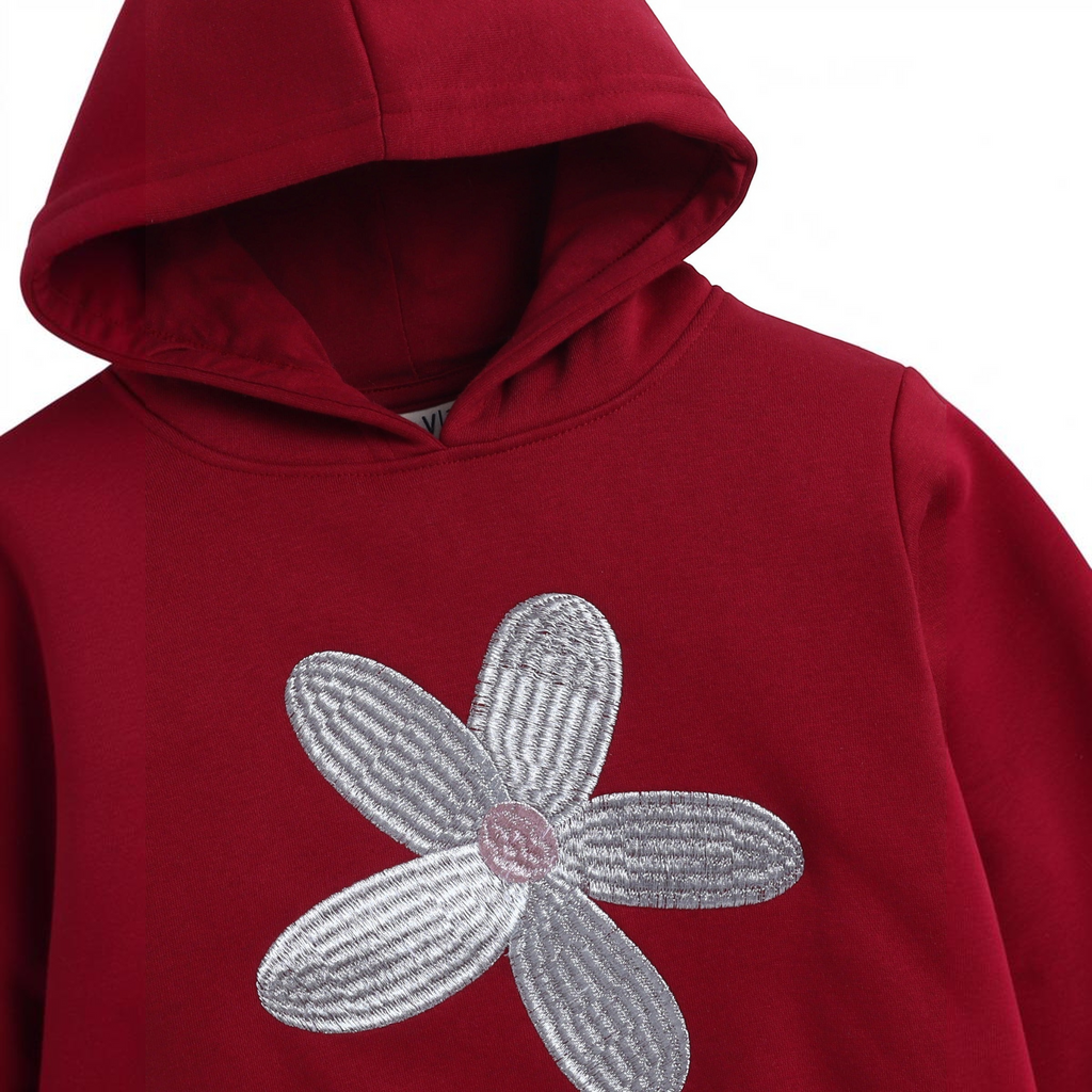 victor and jane girls red hoodie featuring a large silver embroidered daisy flower on the chest