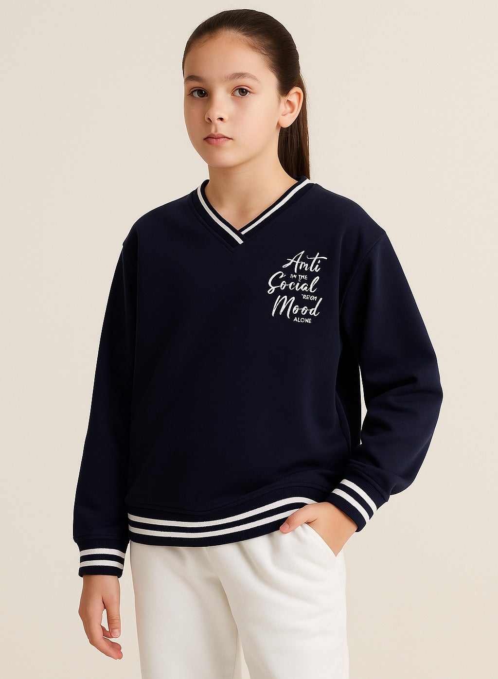 V-Neck "Anti Social Mood" Sweatshirt – Navy | 100% Cotton Fleece |