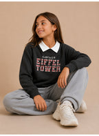 Girls Collared "Eiffel Tower" Print Pullover with Collar