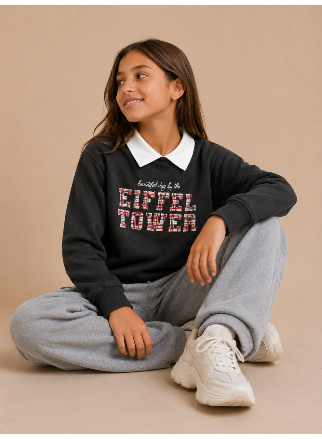 Girls Collared "Eiffel Tower" Print Pullover with Collar