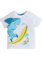 Victor And Jane Boys' Shark Surfing Off White And Blue T-Shirt And Shorts Set