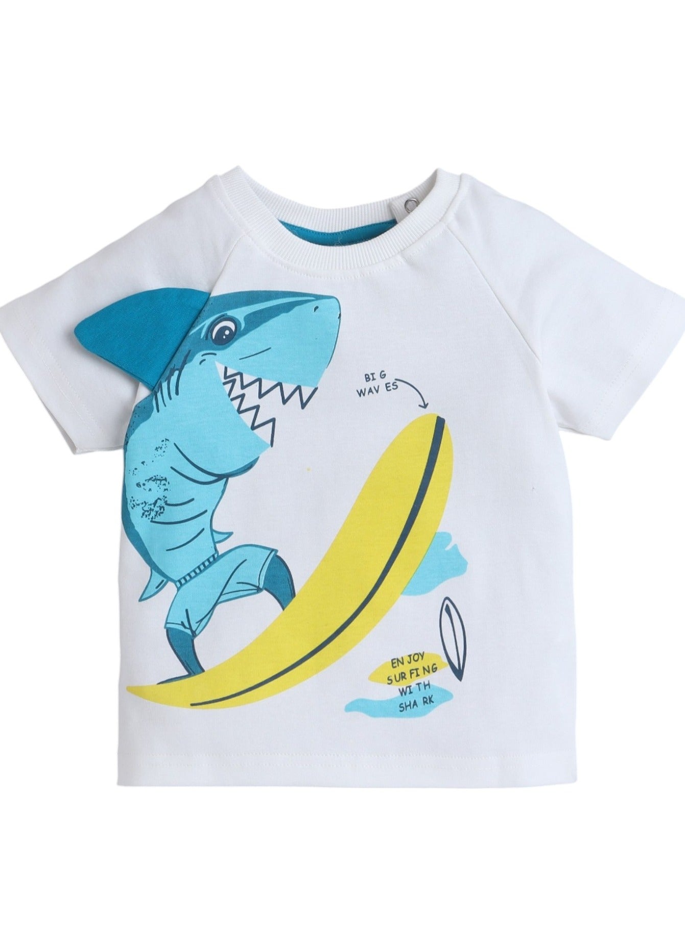 Victor and Jane Boys' Shark Surfing Off White and Blue T-Shirt and Shorts Set
