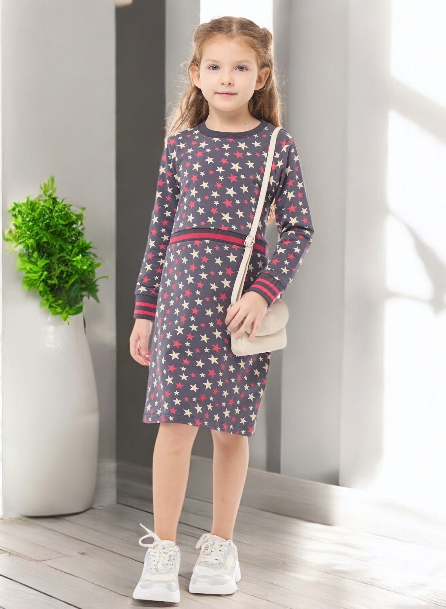 Silver Print Star Dress With Matching Waist Rib- Girls Dress