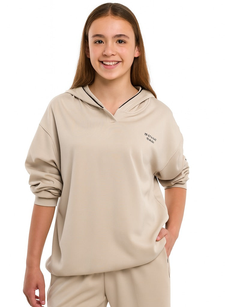 Girls 2 Piece Set - Snap-Hem Wide-Leg Trousers & Hoodie Set - Oatmeal