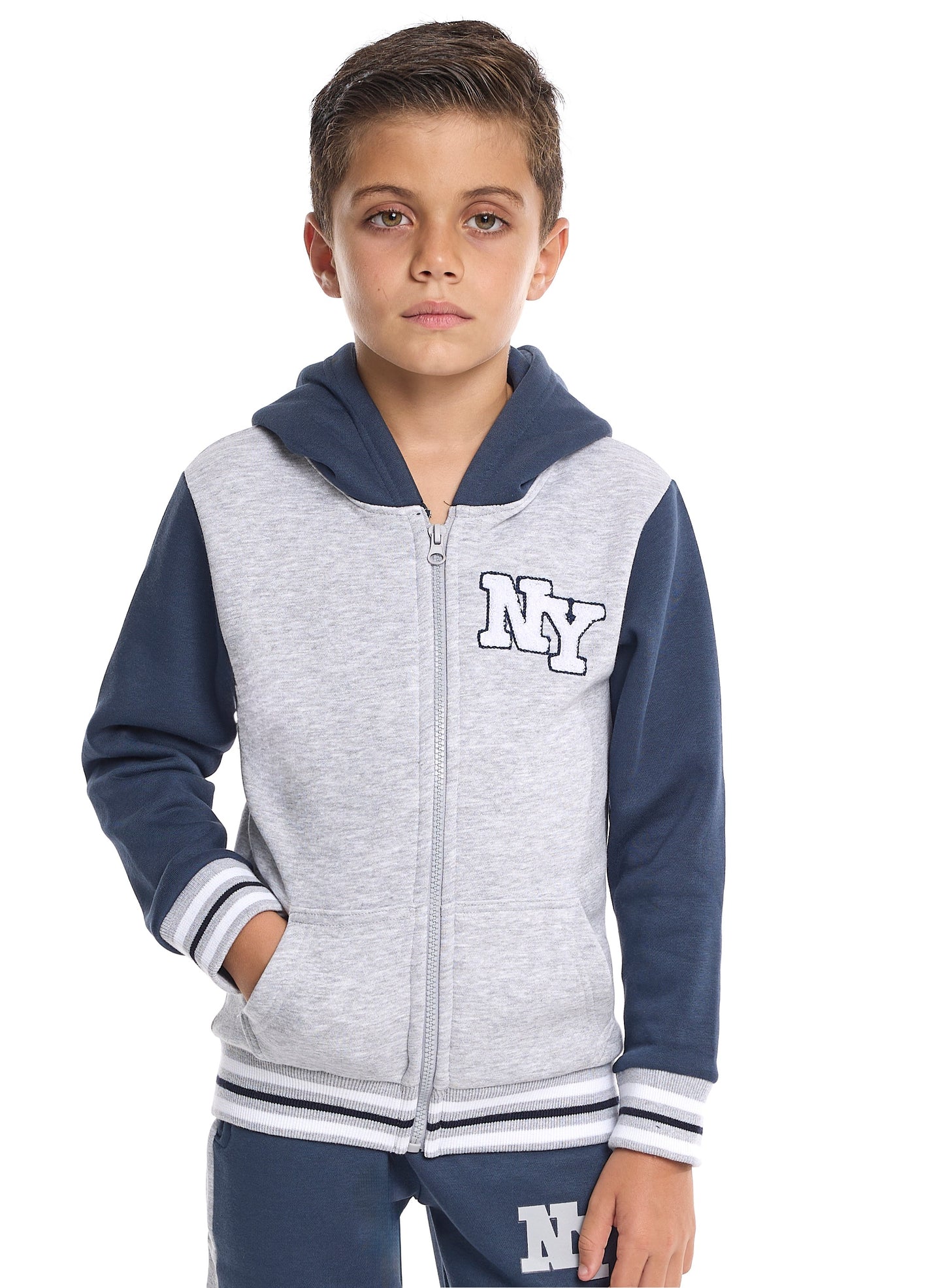 Boys’ Trendy NY Logo Tracksuit – Grey Zip up Hoodie & Navy Joggers Set