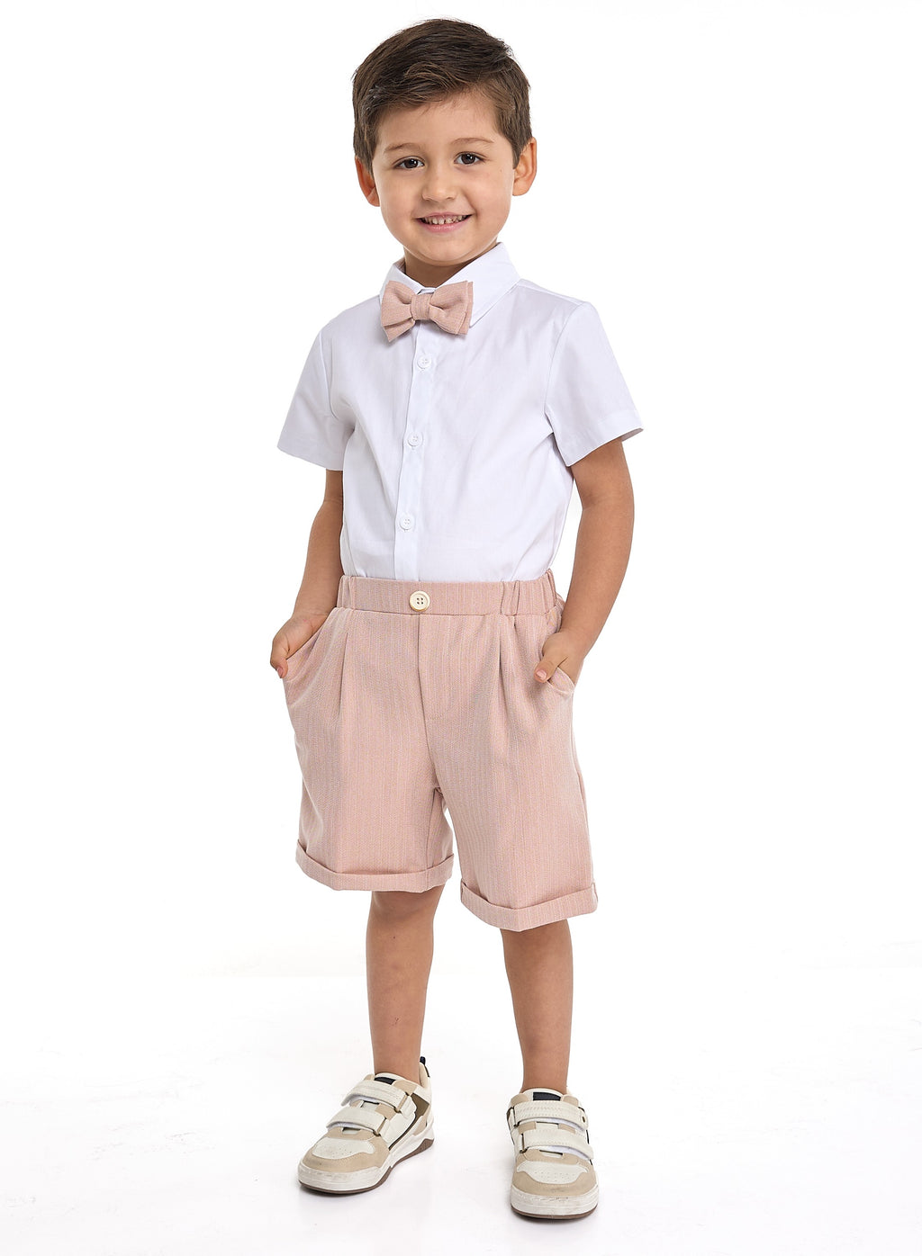 Salmon Color Waistcoat And Short Set With Shirt And Bow Tie