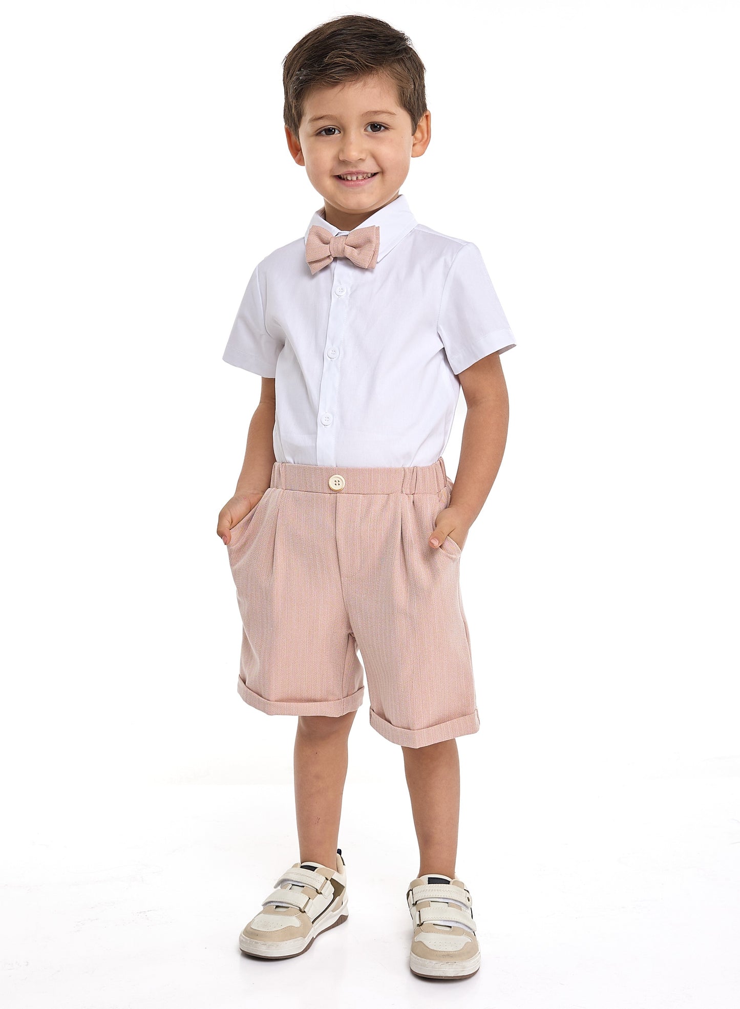 Salmon Color Waistcoat And Short Set With Shirt And Bow Tie