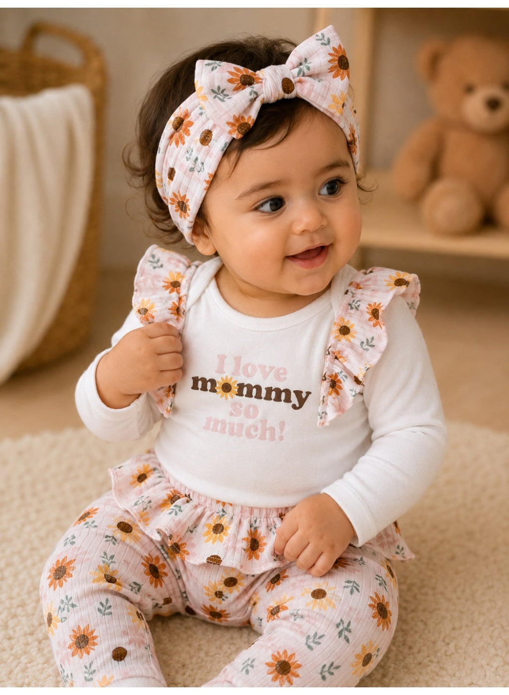 Baby Girls Long Sleeve Bodysuit and Floral Pants Set with Socks and Headband (4-Piece)