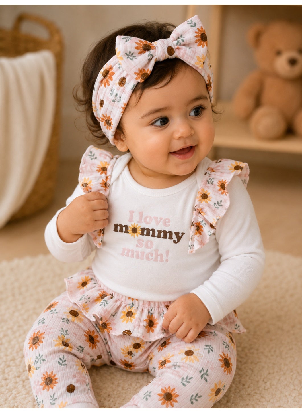 Baby Girls Long Sleeve Bodysuit and Floral Pants Set with Socks and Headband (4-Piece)