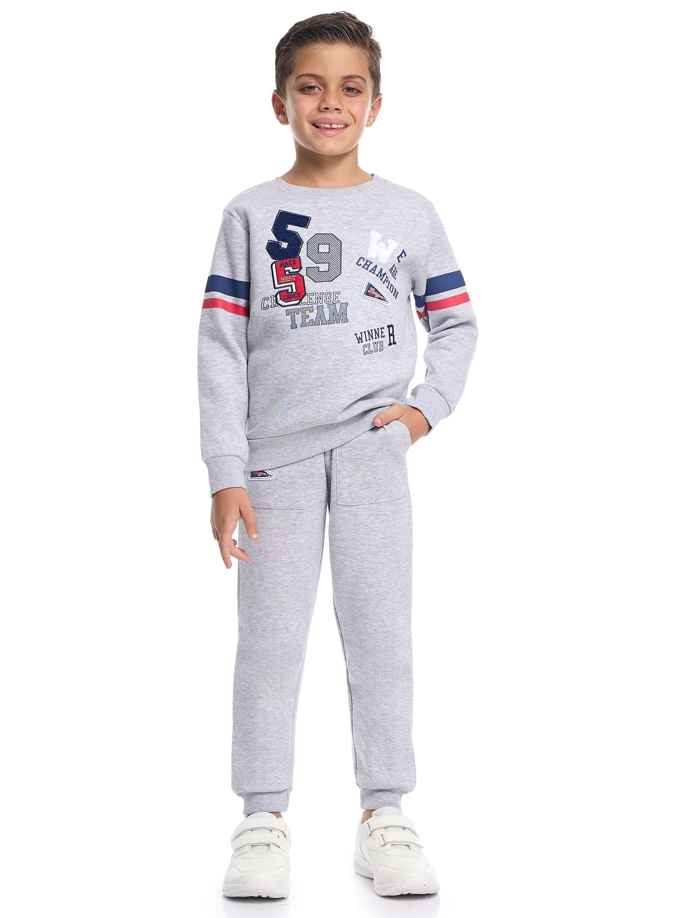 Victor And Jane Cotton Champion Team Printed And Embroidered Full Sleeves Sweatshirt And Joggers Co-Ords Set - Grey