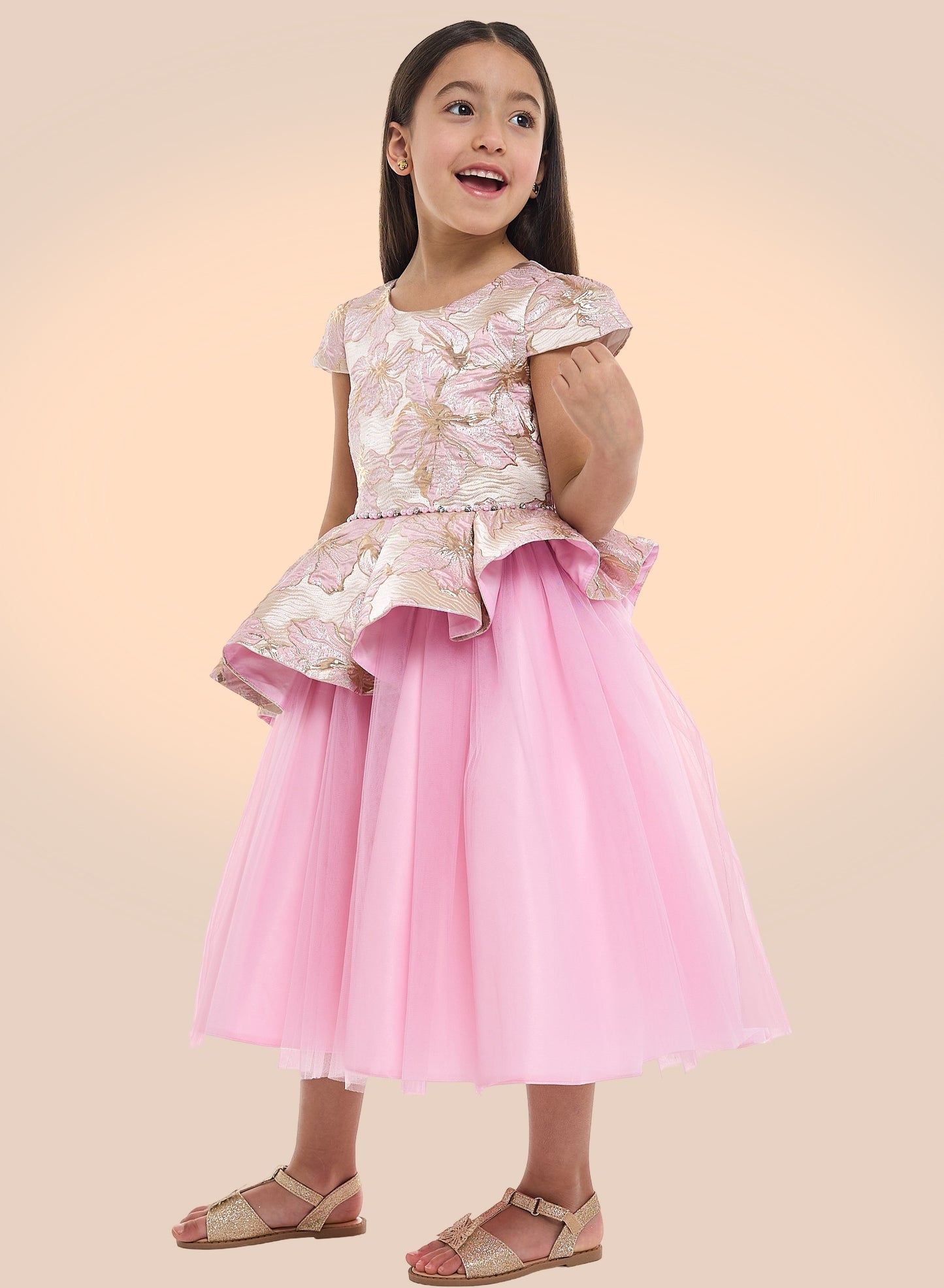 Girls Elegant Pink/Gold Jacquard & Tulle Party Dress