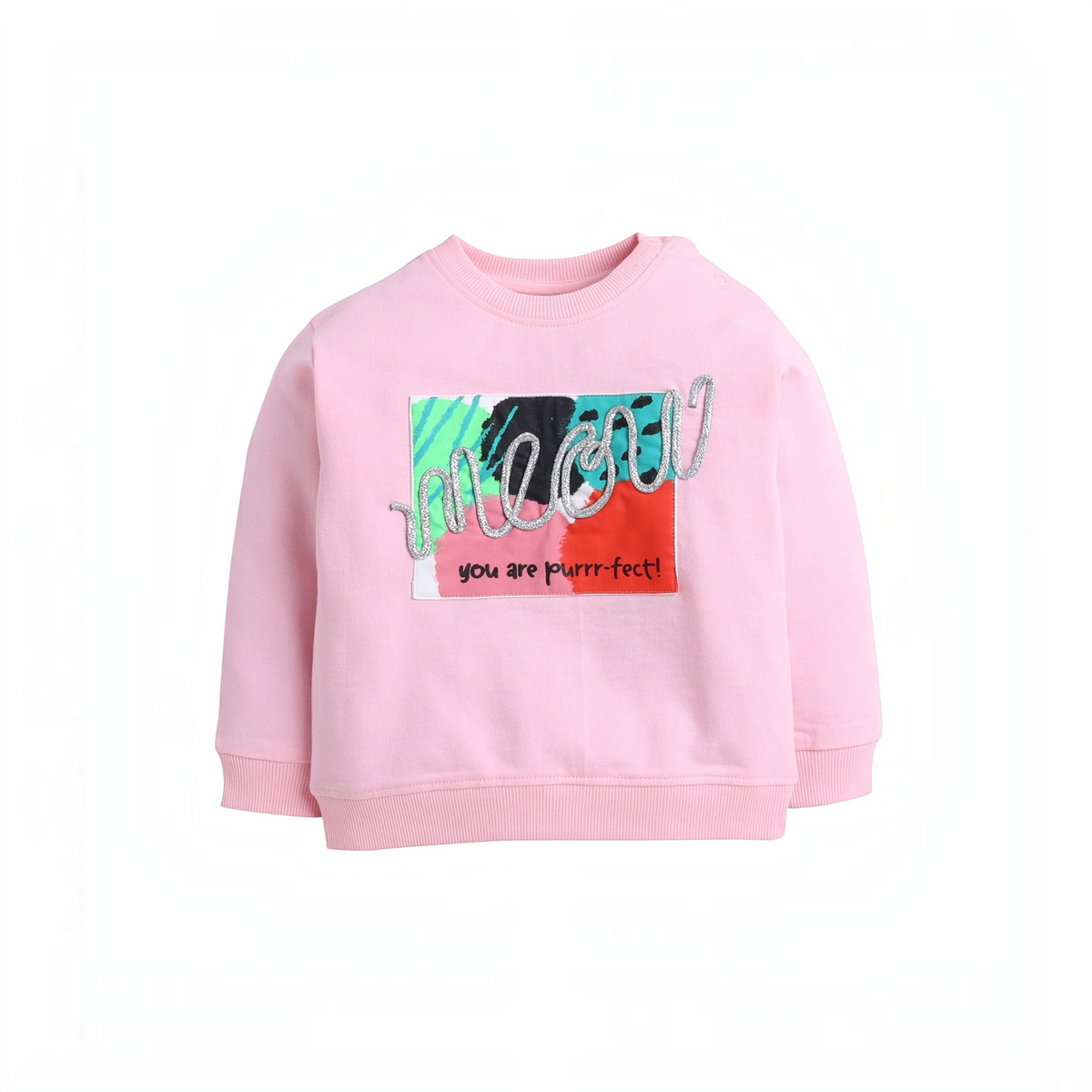 victor and jane pink graphic sweatshirt featuring a meow patch with abstract art and glittery text