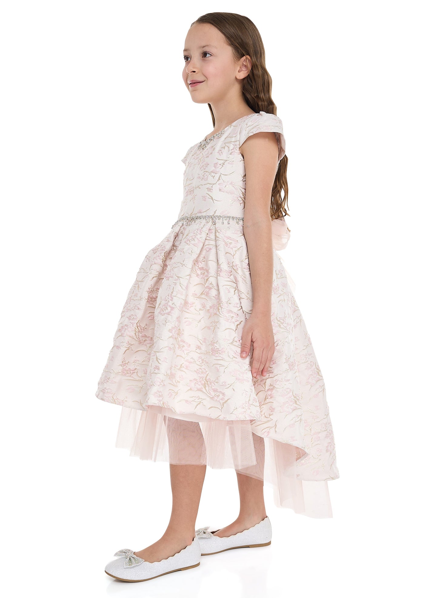 Pink/Gold Jacquard High Low Tail Dress With Tulle Mesh