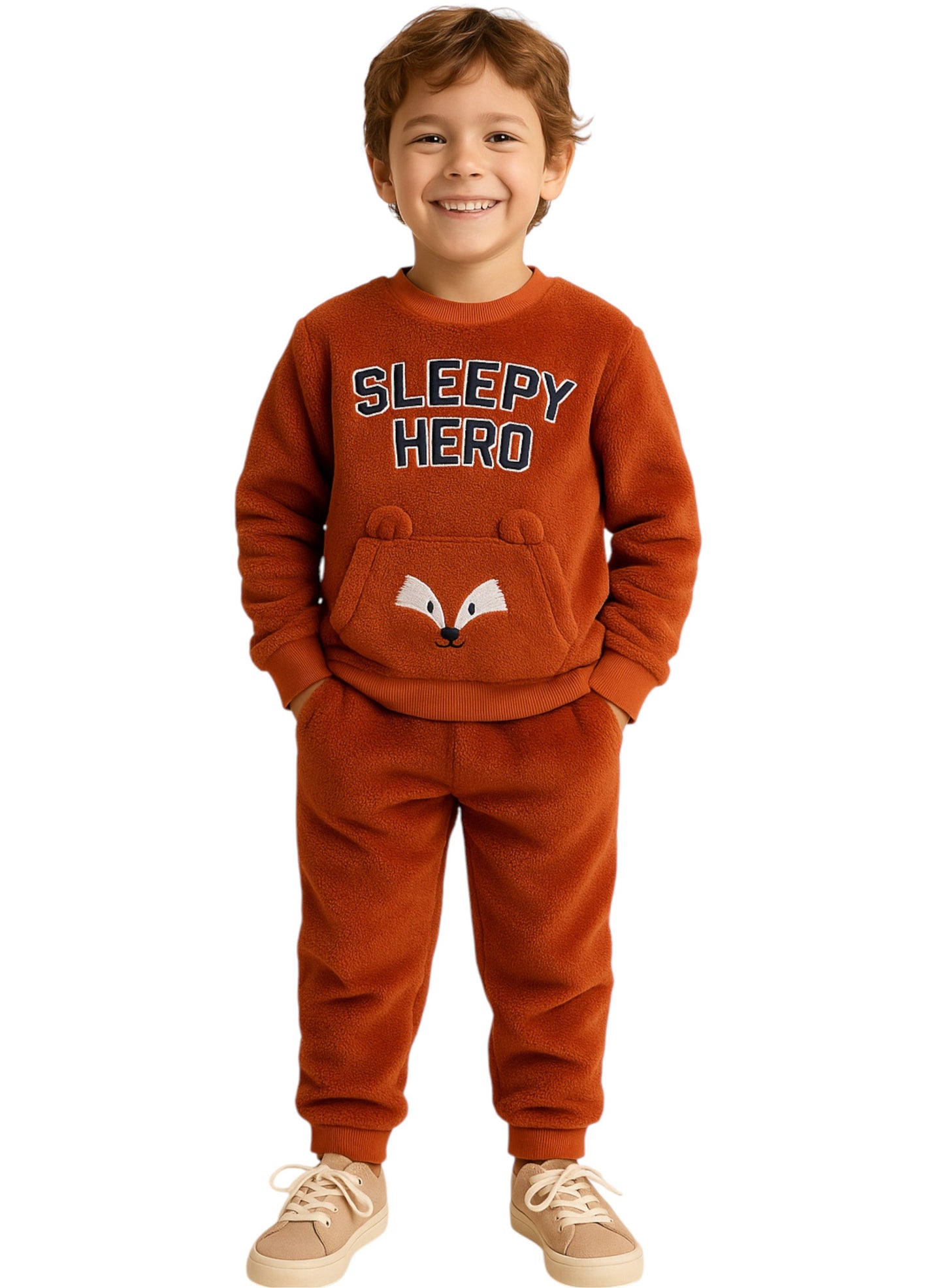 Boys Fleece Sweatshirt & Jogger Set with Fox Pocket (2–8 Years)