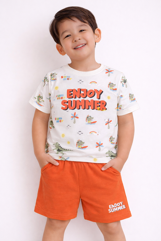 Boys “Enjoy Summer” Print Cotton T-Shirt & Shorts Set – Comfortable Nightwear & Loungewear