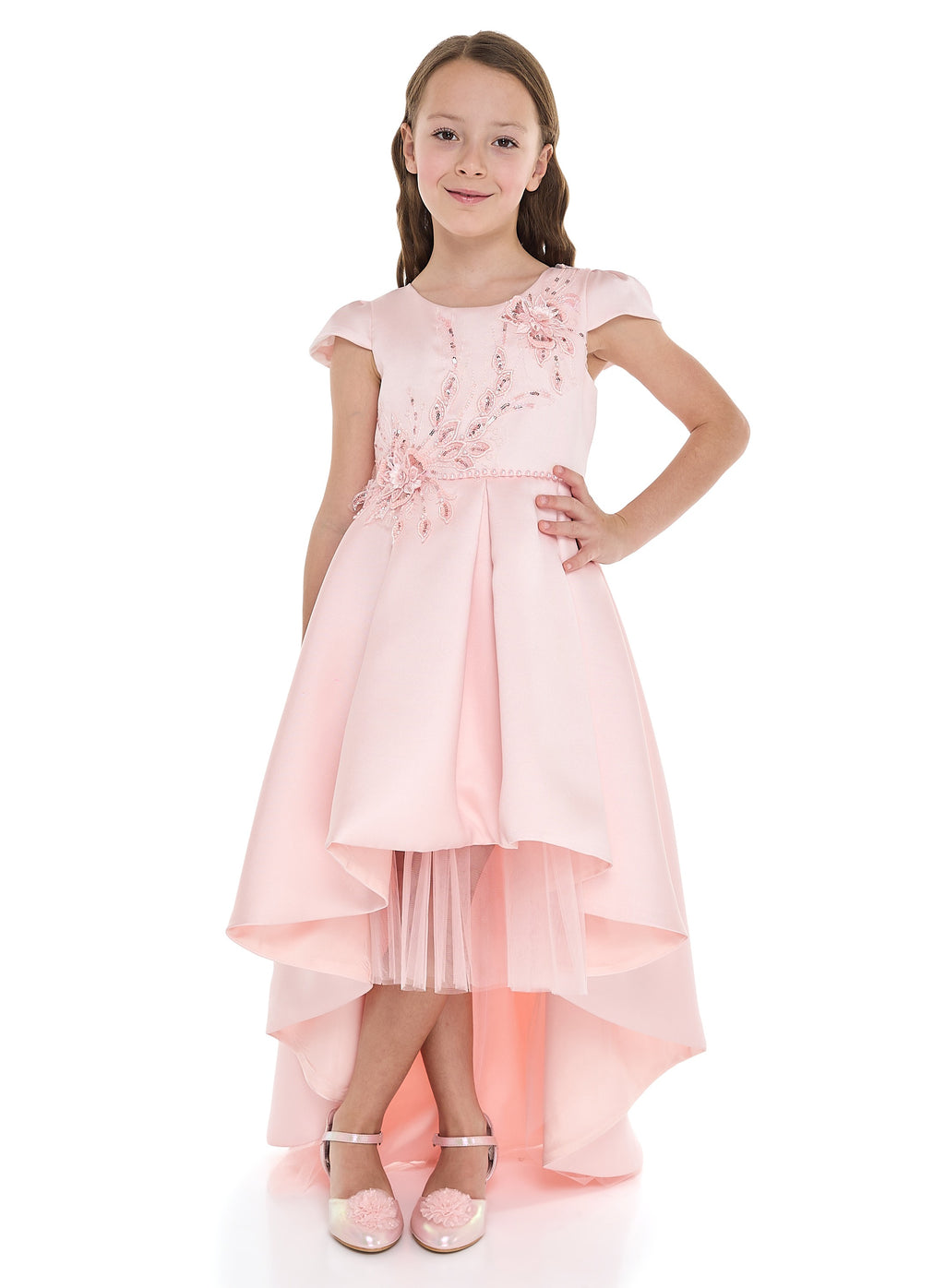 Peach High Low Tail Dress With Beaded Embroidery